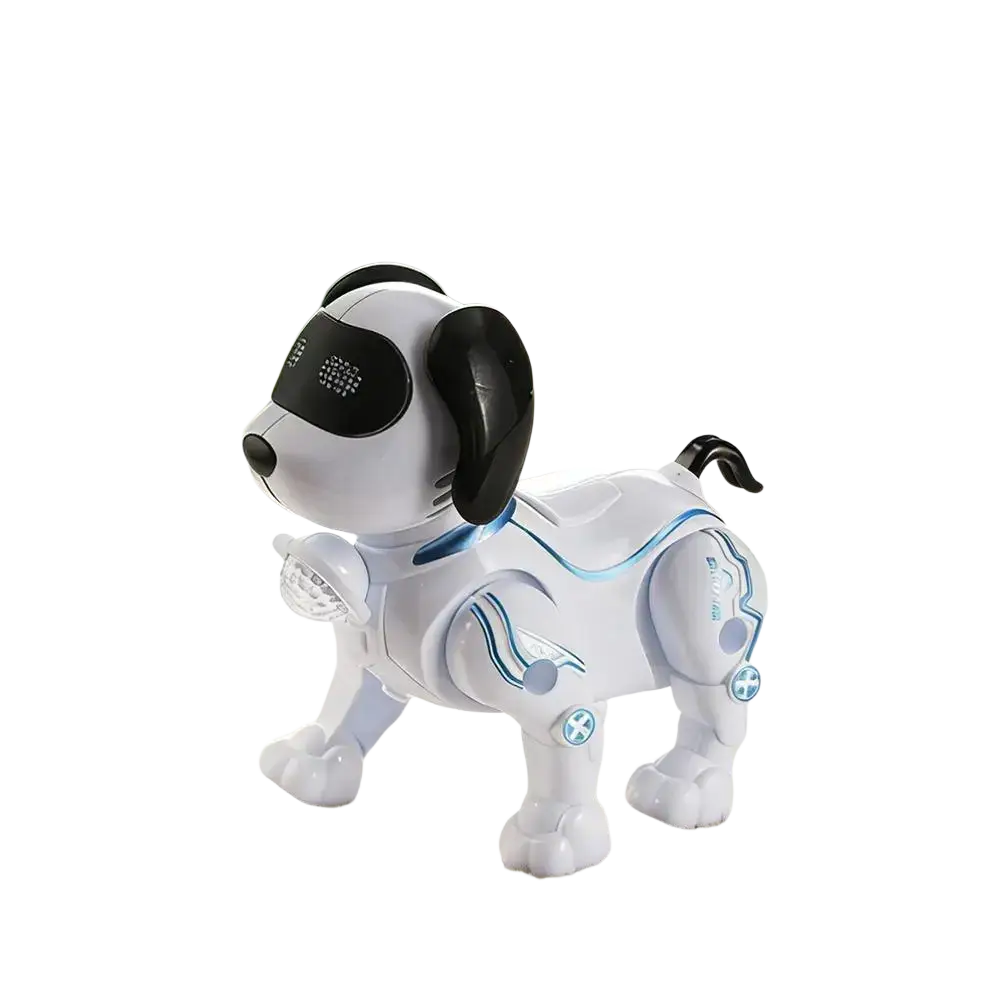 White and black intelligent music robot dog with blue glowing accents designed as an interactive walking toy