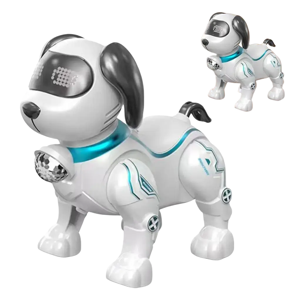 Intelligent music robot dog toy in white and black with teal accents, disco ball chest, and led-lit eyes