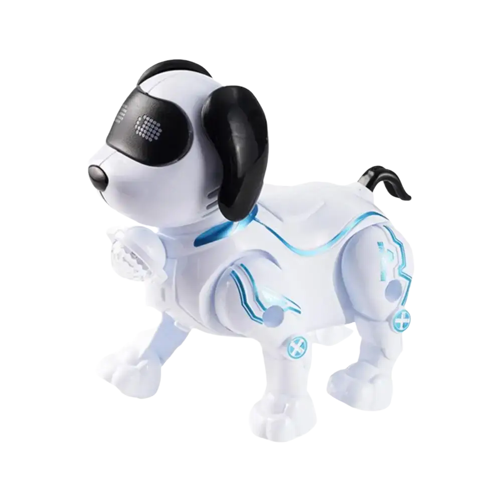 White and black intelligent music robot dog walking toy with glowing blue led accents along its body
