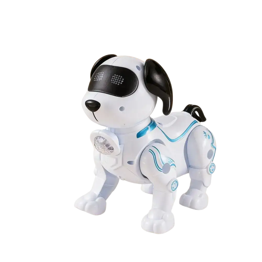 Intelligent music robot dog toy with white and black plastic body blue glowing accents and expressive digital eyes