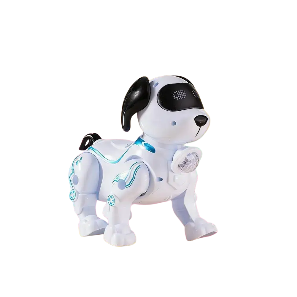 White intelligent music robot dog toy with black ears and blue glowing accents for interactive play and walking