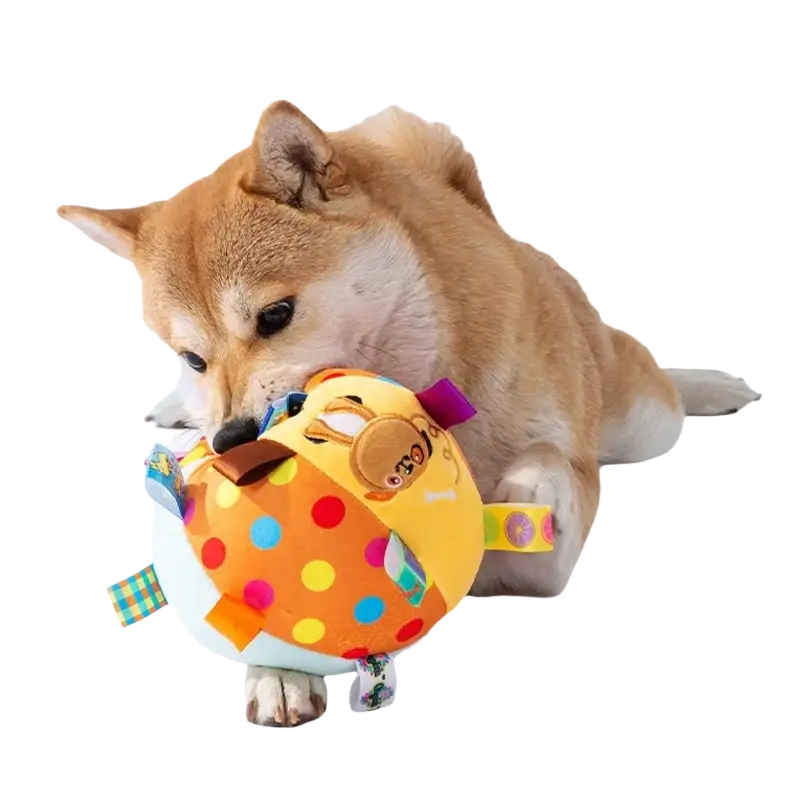 Brightly colored polka-dotted interactive ball dog toy with handle fabric tabs and cartoon face for playful chewing