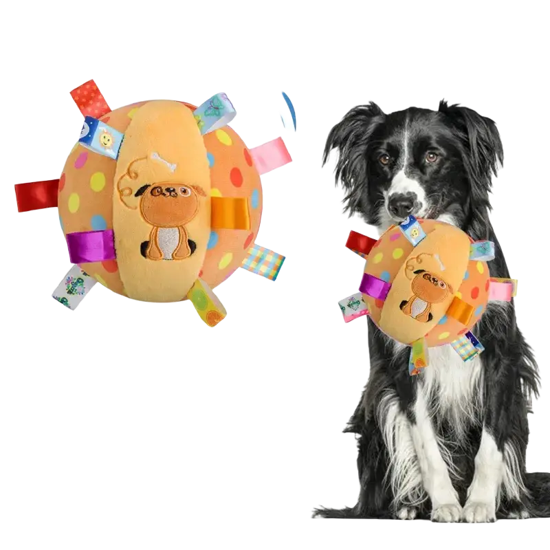 Interactive ball dog toy in orange plush with colorful polka dots and fabric tags for engaging play sessions