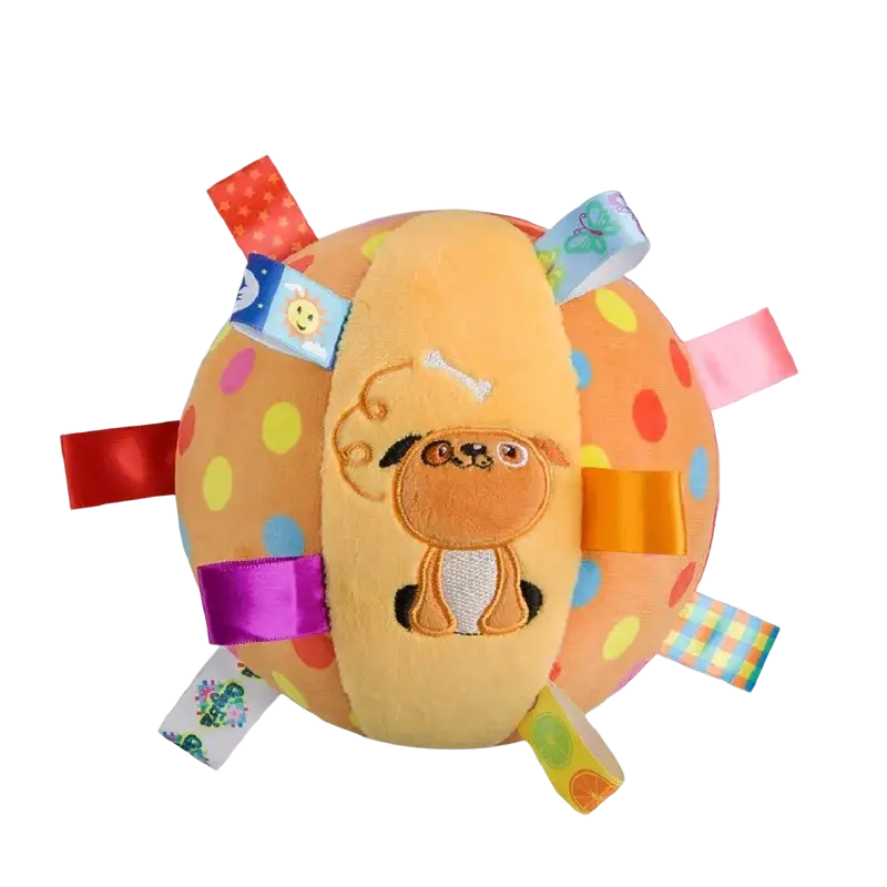 Orange plush interactive ball dog toy with embroidered puppy face colorful polka dots and attached ribbons handle