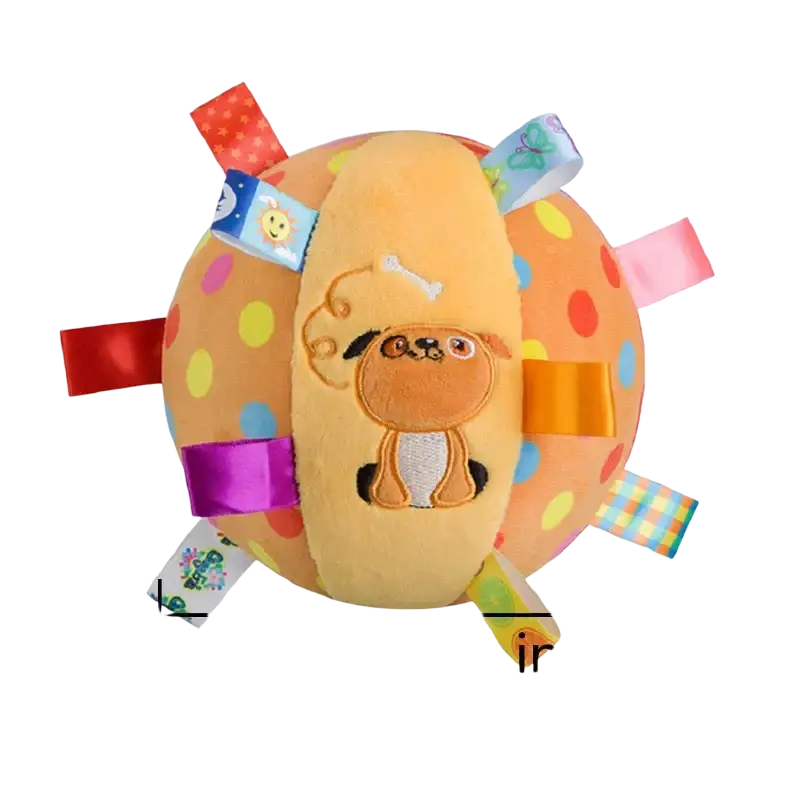 Interactive ball dog toy featuring a soft orange polka-dotted plush ball with a stitched cartoon dog face and colorful tags