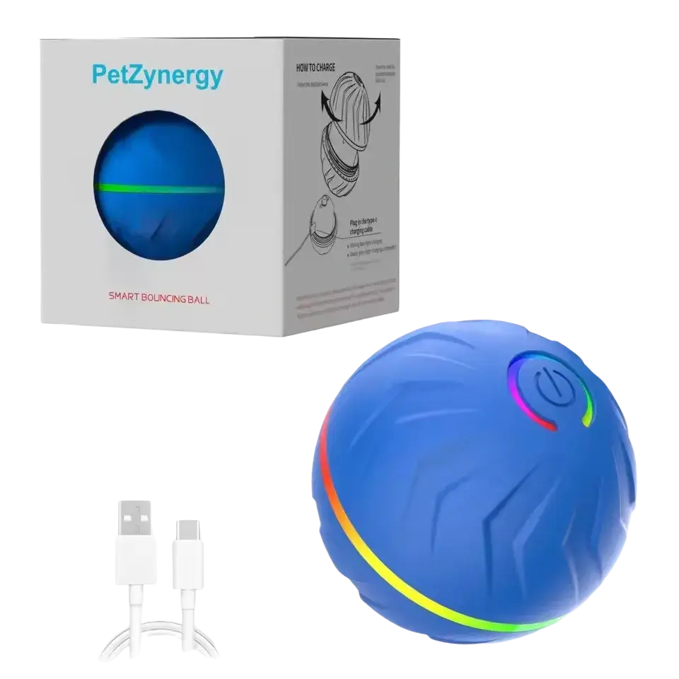 Blue petzynergy interactive ball dog toy with textured surface and rainbow led lighting ring for smart bouncing play