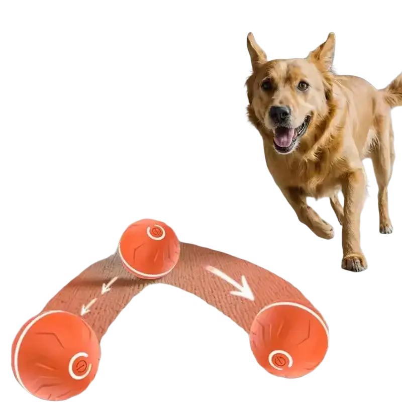 Orange interactive ball dog toy with textured surface and white logo featuring led lights for engaging play