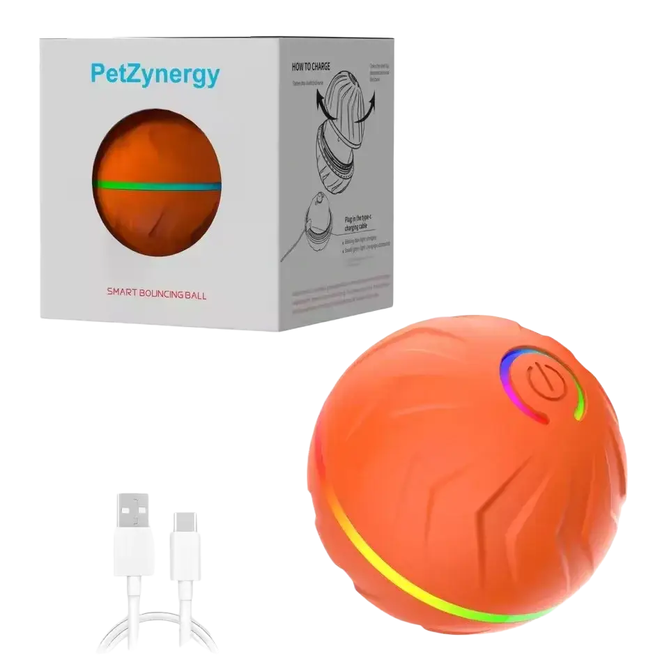 Orange smart bouncing ball dog toy with rainbow led lights and textured surface interactive ball dog toy