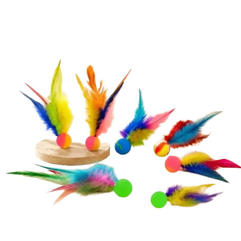 Interactive ball toy with colorful multicolored feathers and plastic balls designed as engaging ball toys for cats