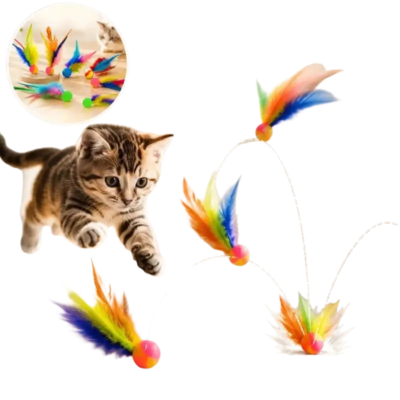Interactive ball toy for cats featuring colorful feathers and a round multicolored plastic ball base for play
