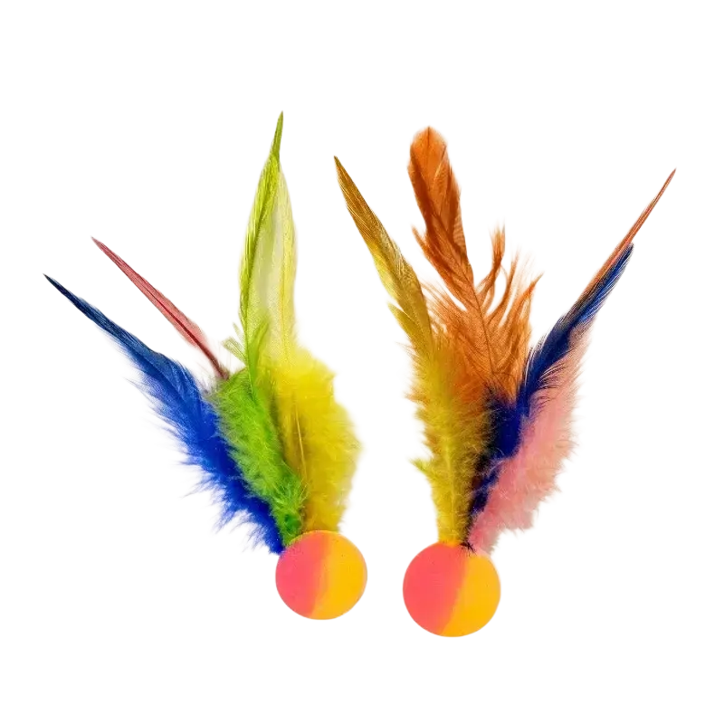 Two vibrant multicolored feathered interactive ball toys for cats with soft feathers on bright pink and yellow rubber balls