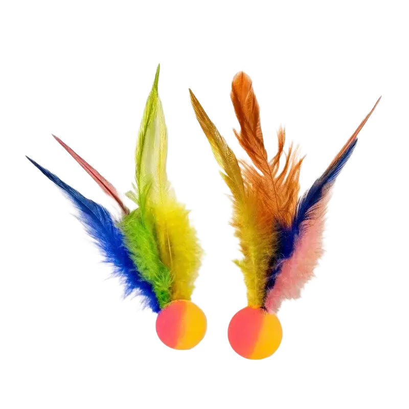 Interactive ball toy with colorful blue green yellow orange and pink feathers attached to pink and yellow rubber ball ball toys