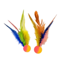 Interactive ball toy with colorful blue green yellow orange and pink feathers attached to pink and yellow rubber ball ball toys
