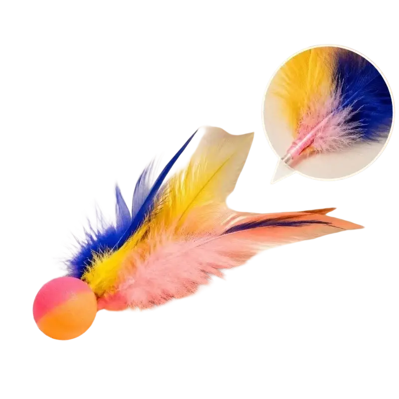 Interactive ball toy for cats featuring a split orange and pink ball with vibrant blue yellow and pink feathers