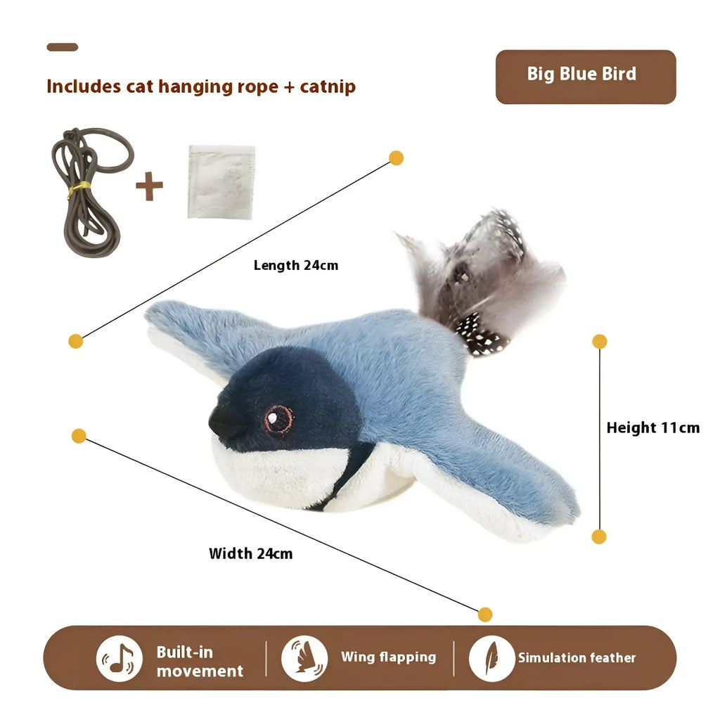 Interactive bird cat toy plush sparrow in blue white with black head featuring wing flapping and built-in movement