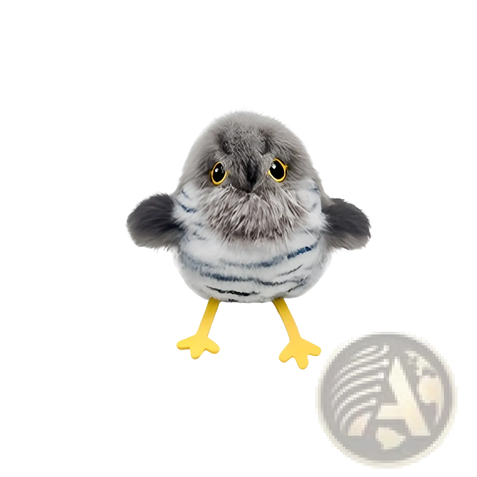 Interactive bird cat toy plush sparrow with gray and white striped fur, yellow eyes and feet, featuring wing flapping