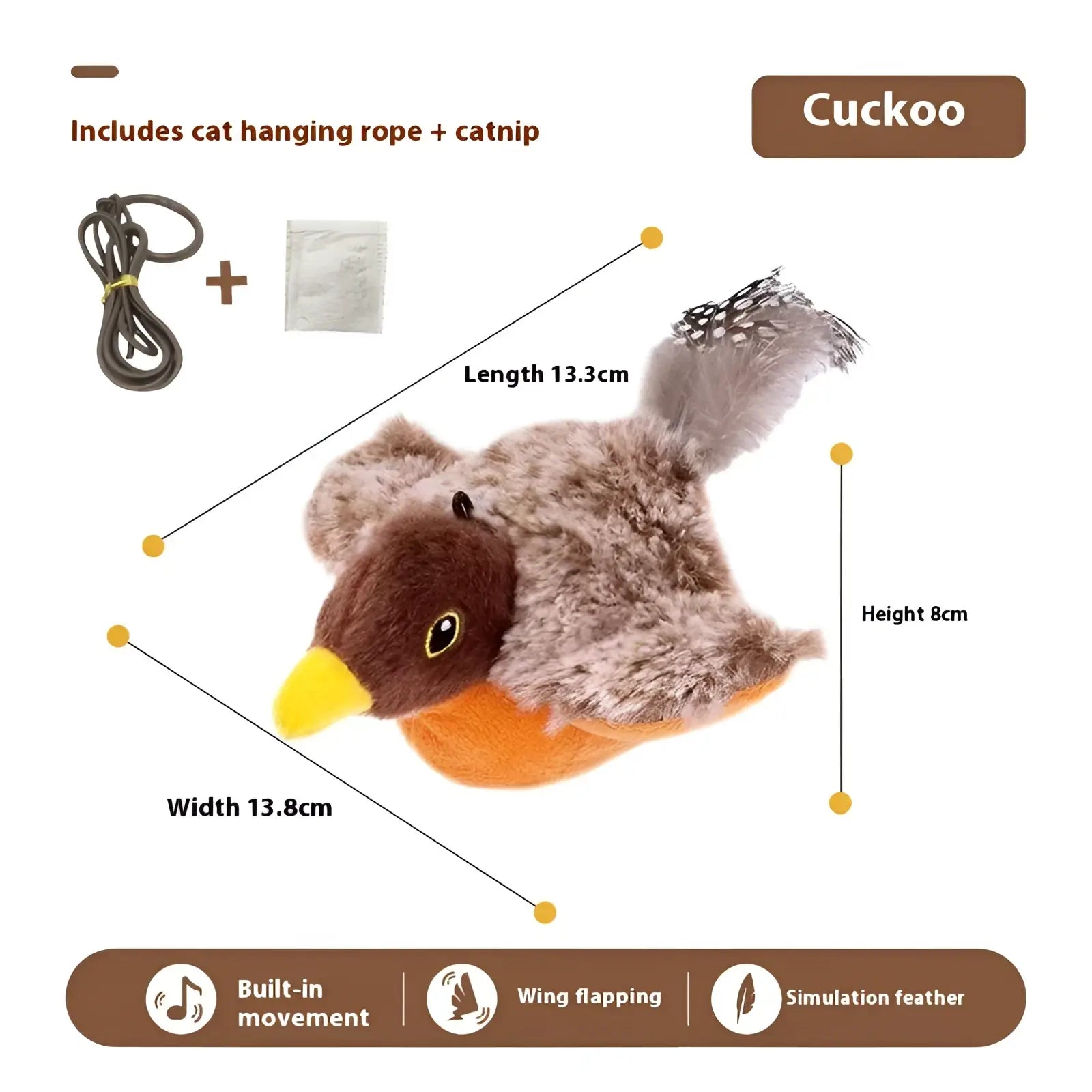 Cuckoo interactive bird cat toy plush sparrow with brown head orange belly yellow beak and automatic sound feature