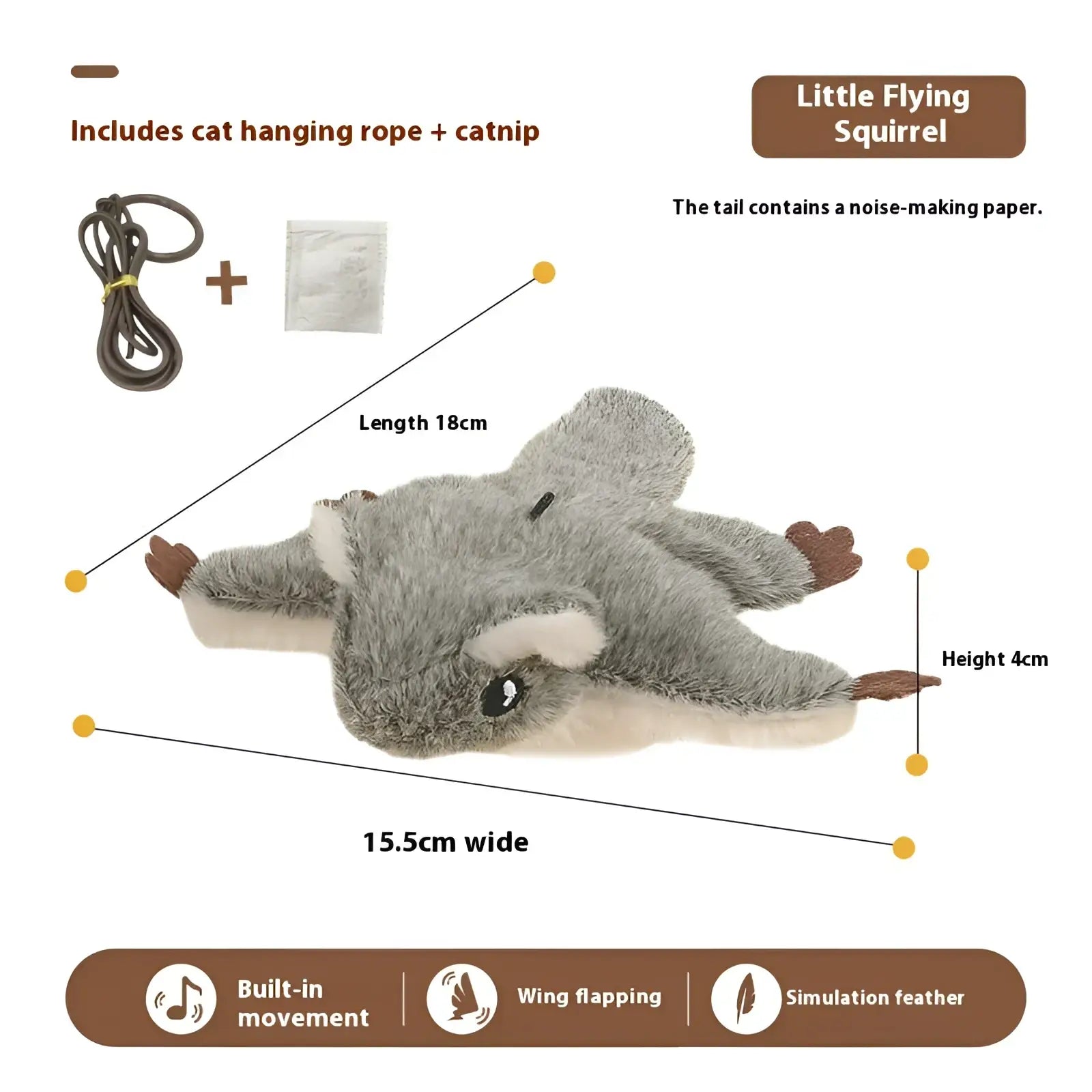 Interactive bird cat toy gray plush flying squirrel with white accents brown paws built-in movement and noise tail