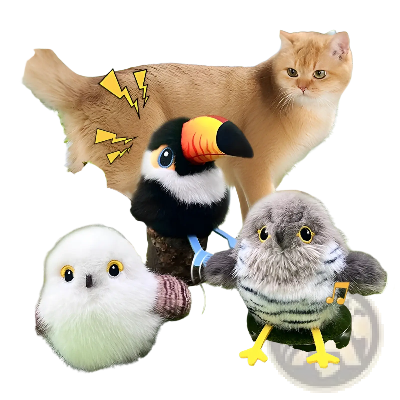 Interactive bird cat toy automatic sounding plush sparrow with black and white body colorful beak blue feet soft fur texture