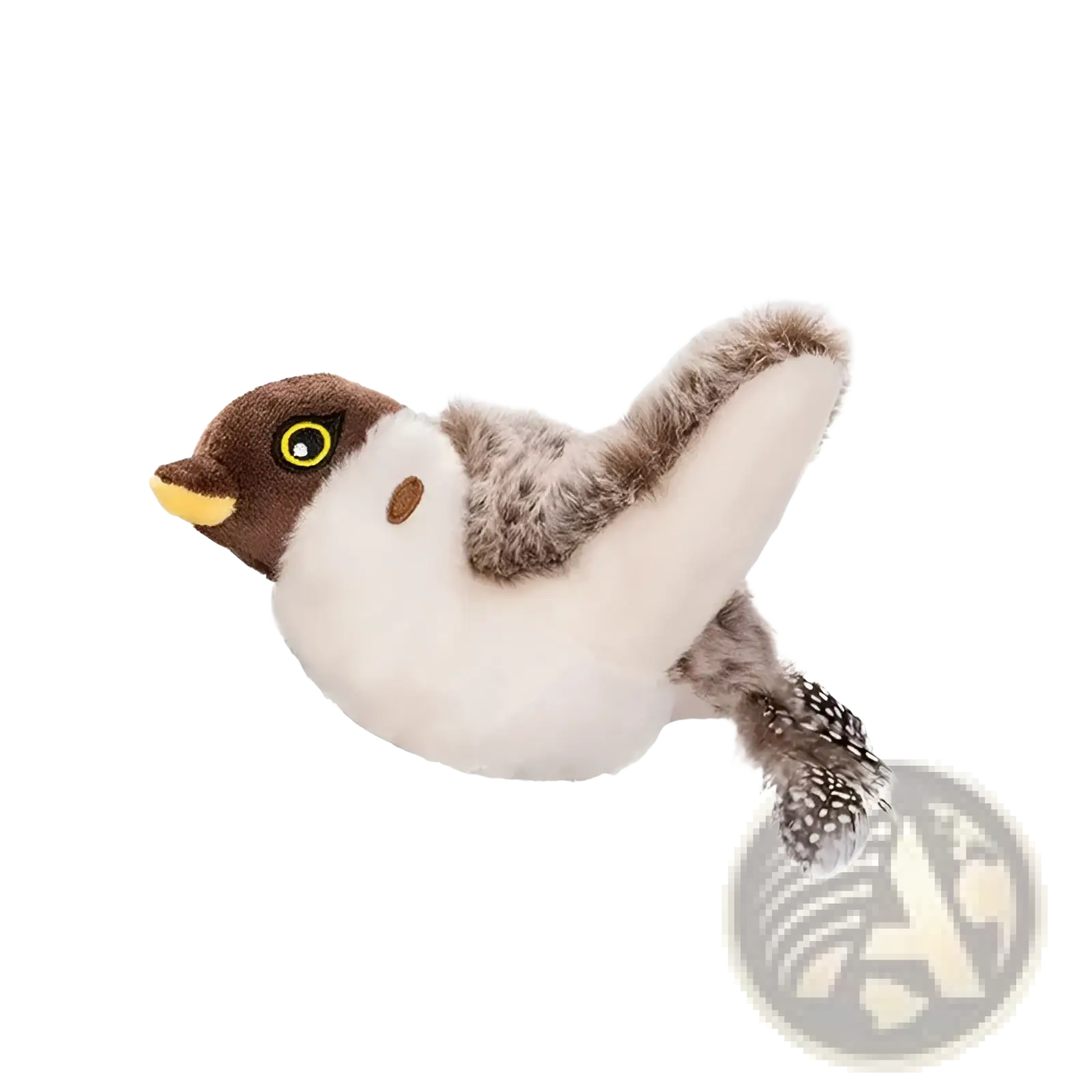 Interactive bird cat toy plush sparrow with brown head white body and gray feathered wings and tail featuring automatic sound