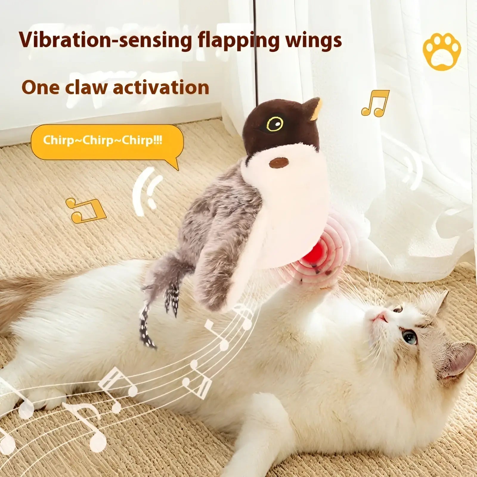 Plush owl toy with brown and white fur and feathered wings that flap when activated by a cat’s claw for interactive play