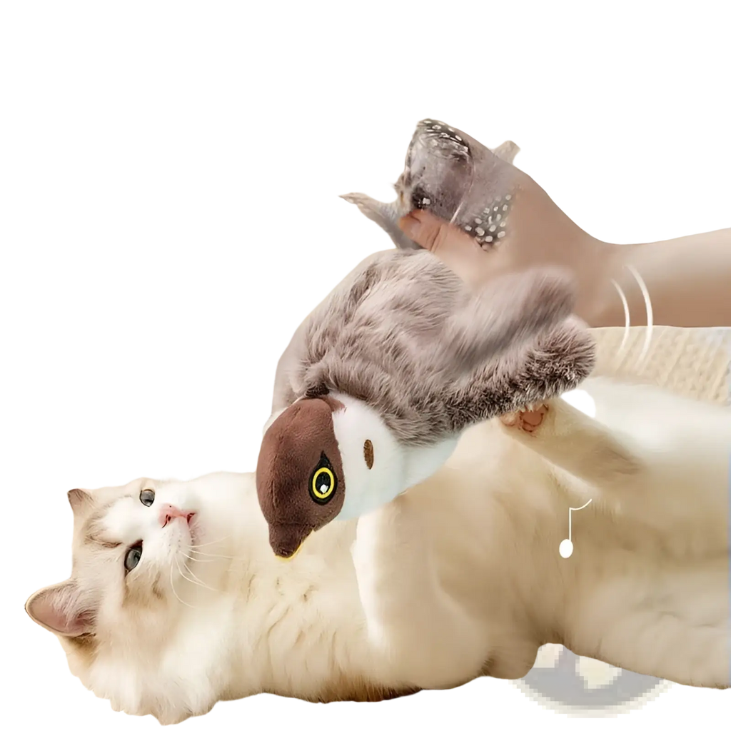 Plush owl-shaped interactive bird cat toy with soft gray and brown fur, white face, yellow eyes, and feathered wings