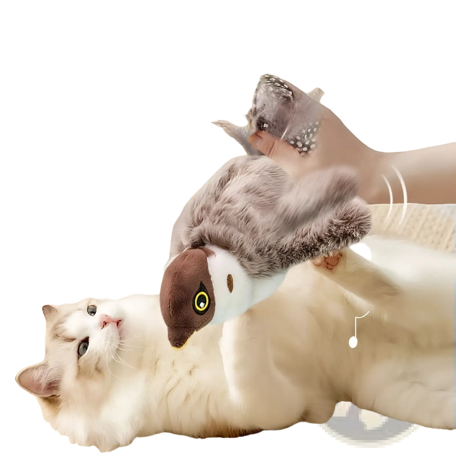 Plush owl-shaped interactive bird cat toy with soft gray and brown fur, white face, yellow eyes, and feathered wings