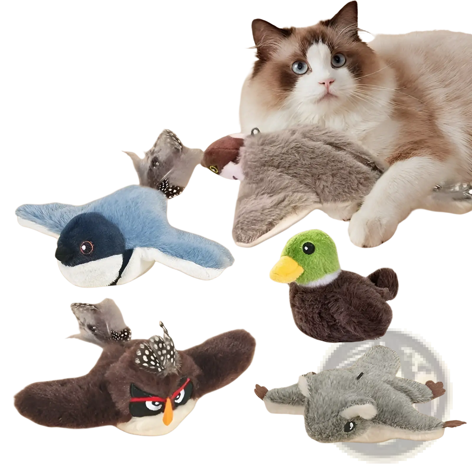 Plush sparrow bird toy with blue and white feathers black beak red eyes automatic sounding interactive cat toy
