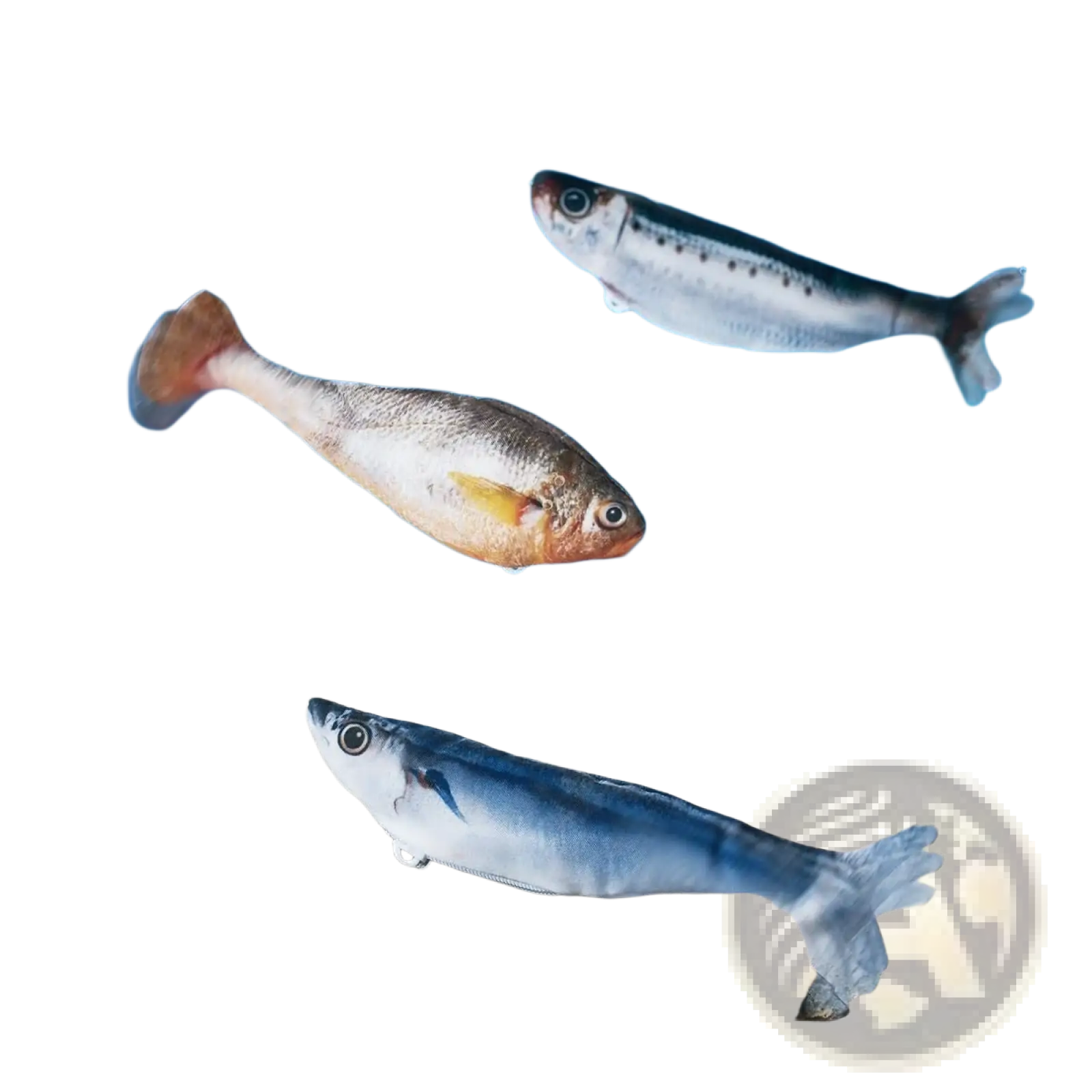 A realistic sardine-shaped interactive bird cat toy with silver and blue body, detailed scales, and movable tail