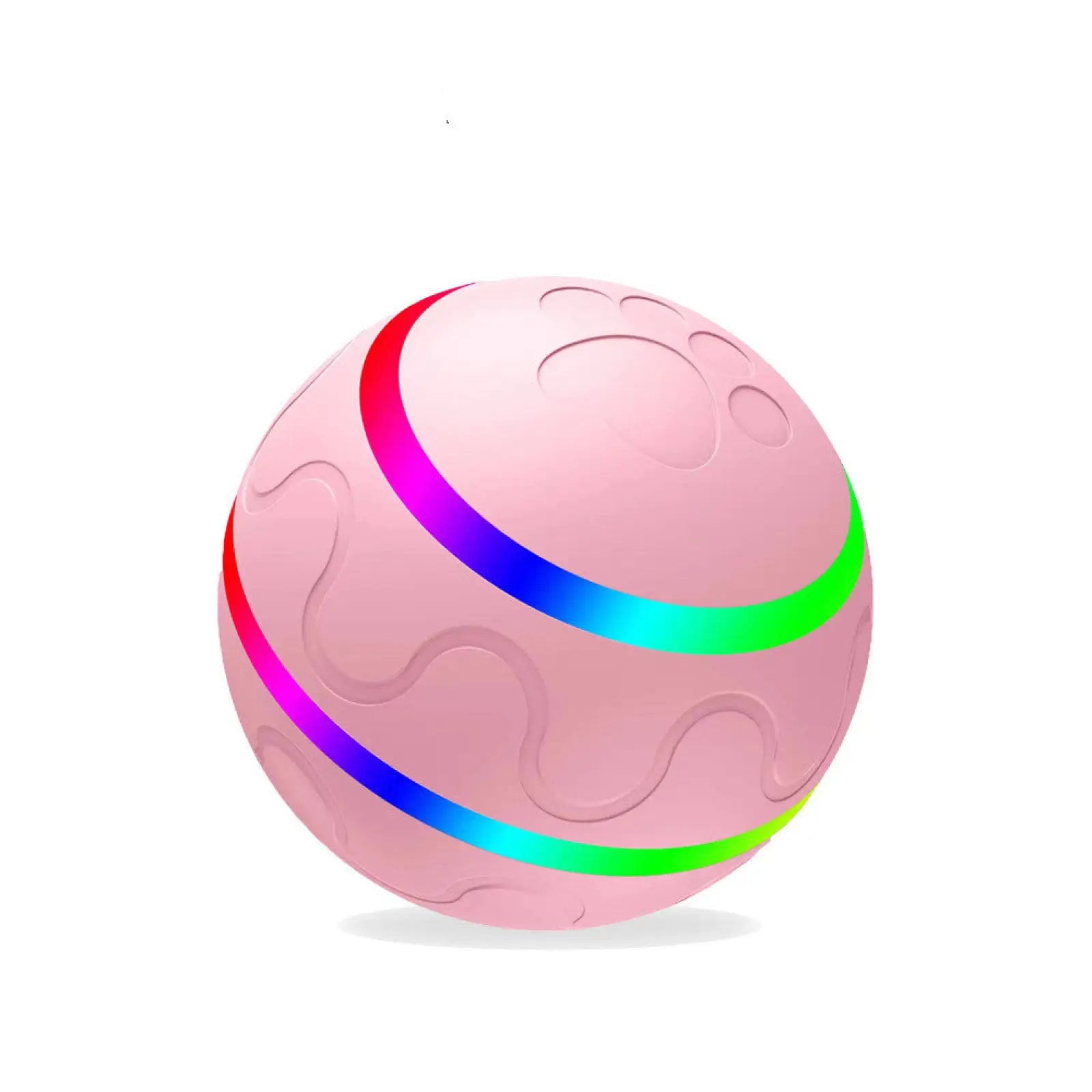 Pink silicone interactive cat ball toy with rainbow led light strips and embossed paw print design automatic usb rotating ball