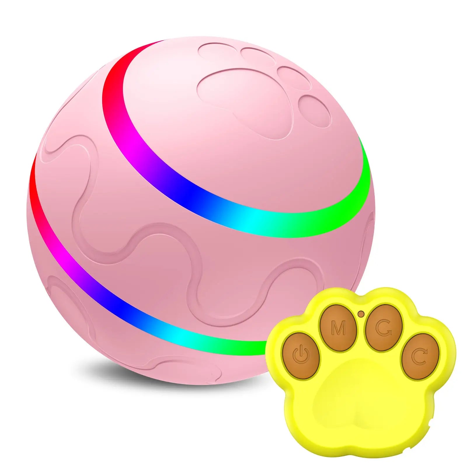 Interactive cat ball toy automatic usb rotating pink smart pet ball with rainbow led lighting and yellow paw remote control