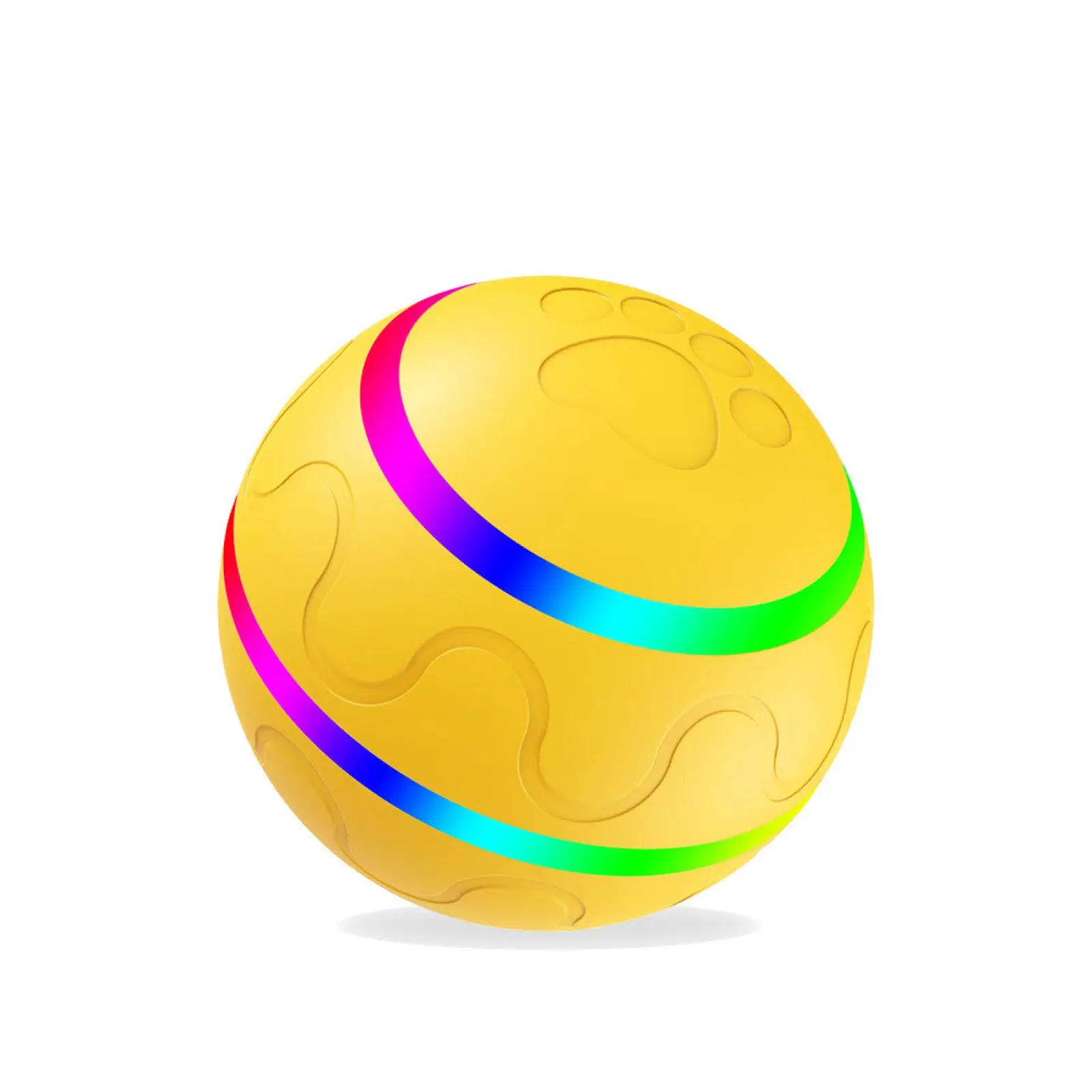 A vibrant yellow interactive cat ball toy with rainbow led stripes and embossed paw print patterns for automatic play