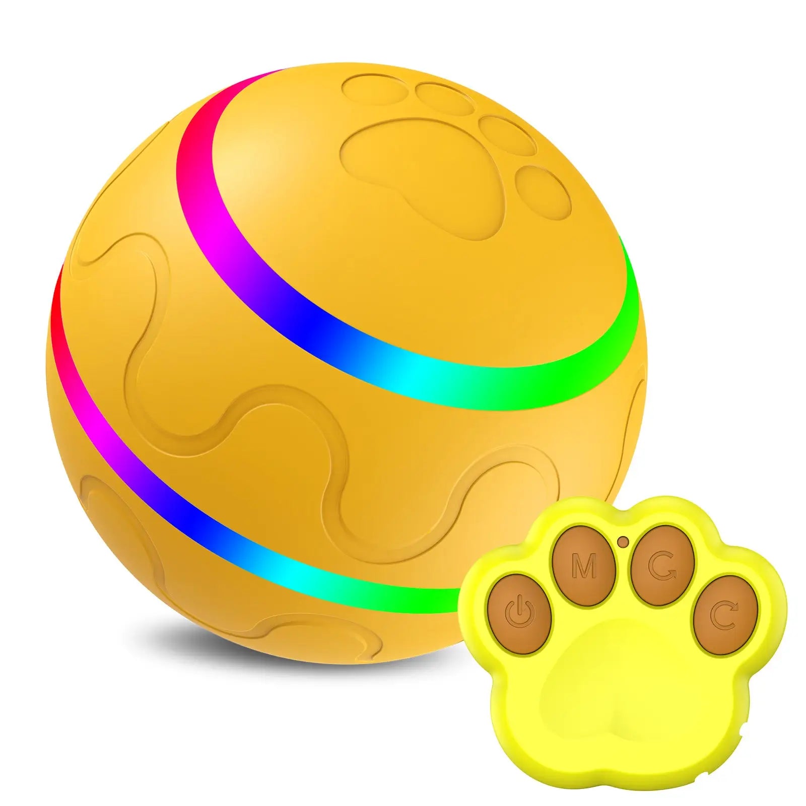 Yellow interactive cat ball toy with rainbow led lights and paw print design with matching paw-shaped remote control