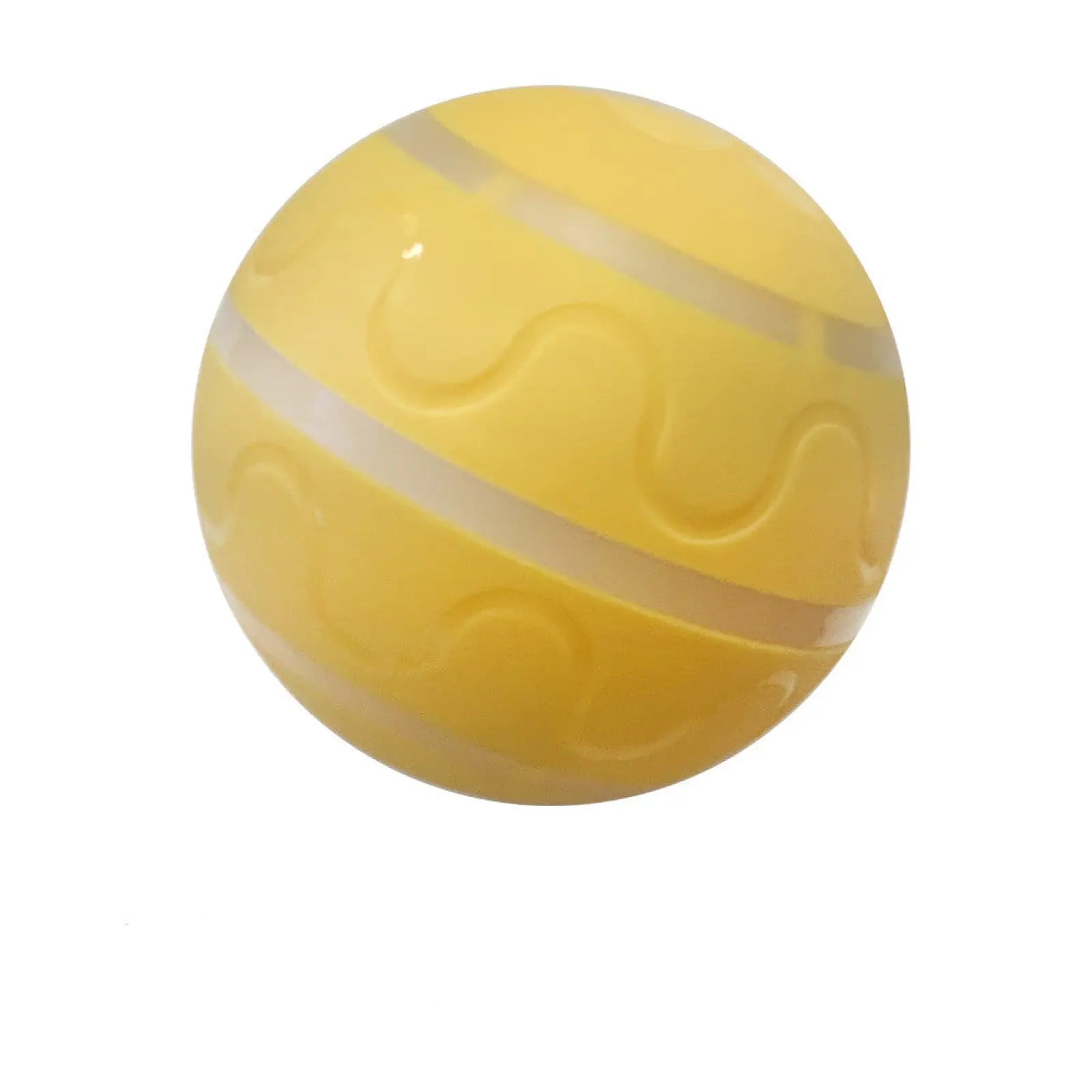 Glossy yellow interactive cat ball toy with two silver stripes and embossed wavy patterns for automatic usb rotation