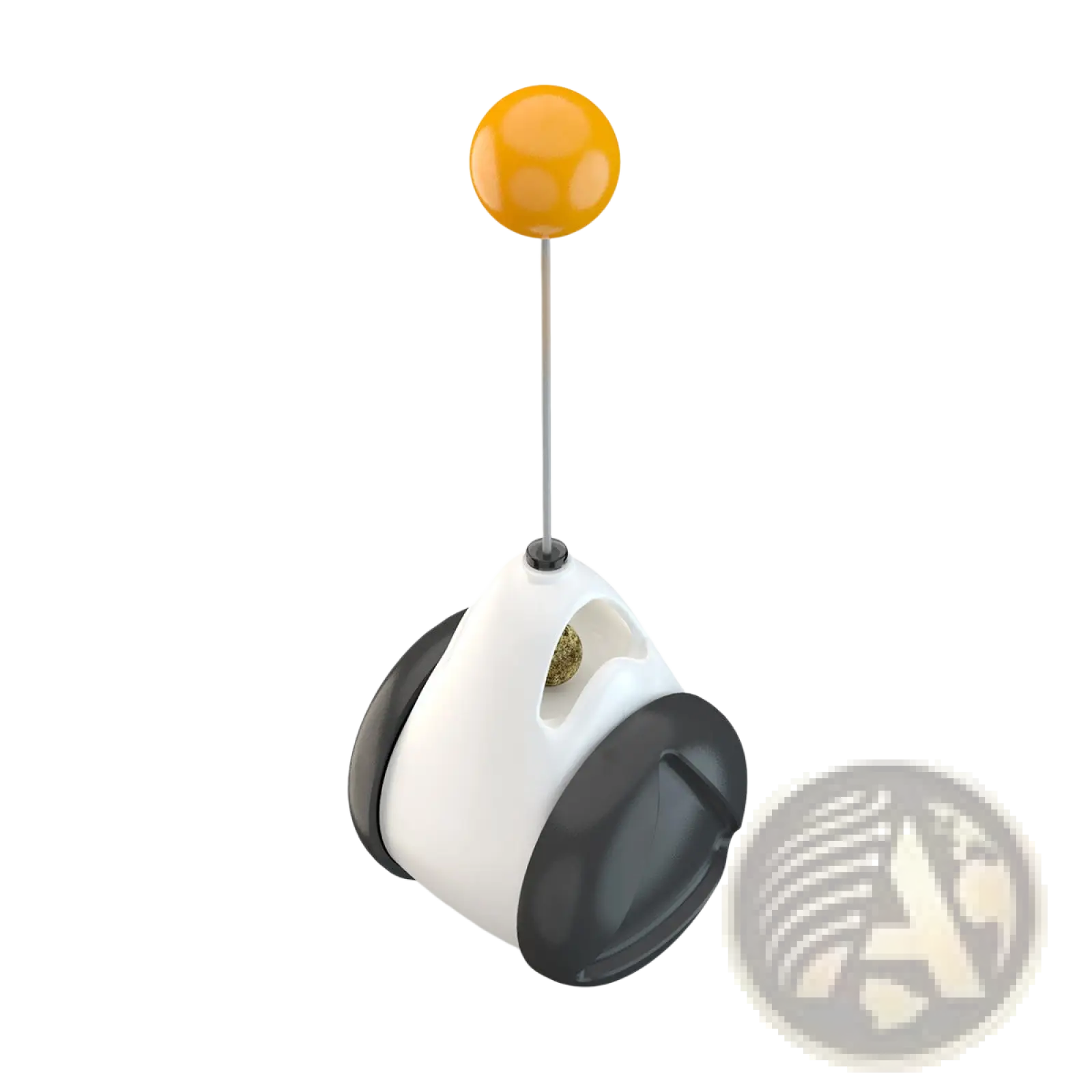 White and black robotic cat toy with a spinning orange ball on top for interactive automatic lifting teaser play