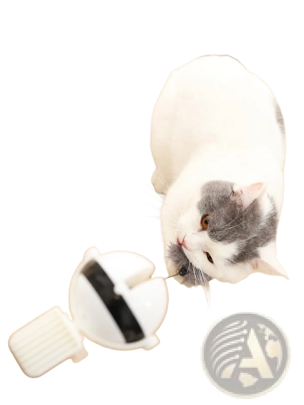 White robotic cat toy with black sensor strip and textured base for interactive automatic lifting teaser ball play