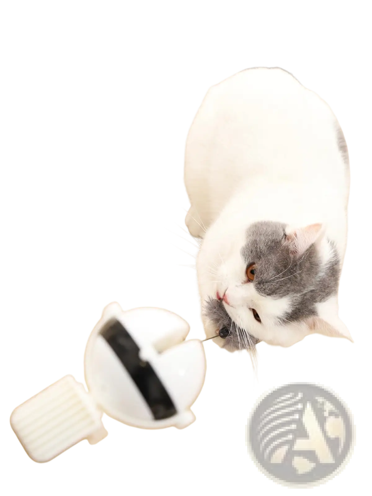 White robotic cat toy with black sensor strip and textured base for interactive automatic lifting teaser ball play