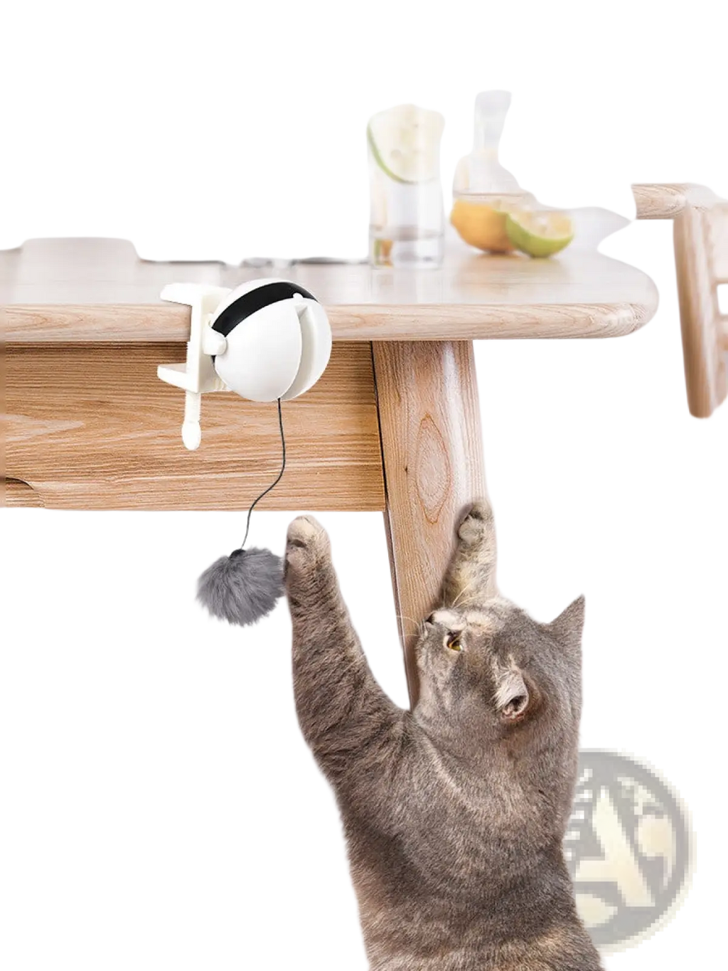 White plastic interactive cat toy with black trim and a dangling gray fuzzy ball for automatic lifting teaser play