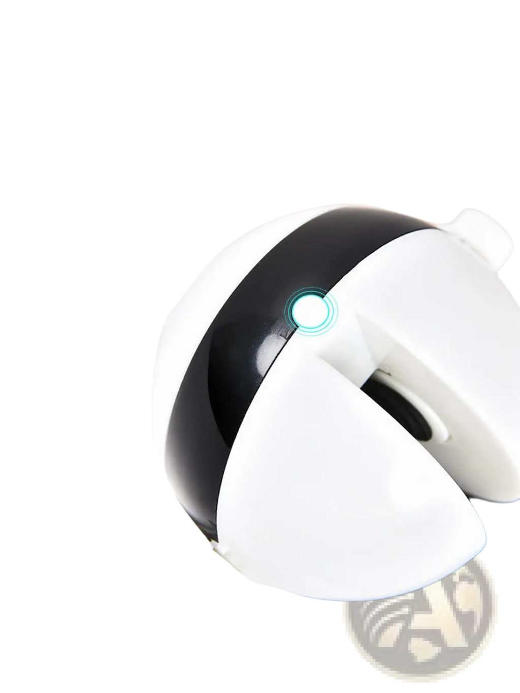 Interactive cat toy automatic lifting teaser ball in black and white with a glowing blue light on its forehead