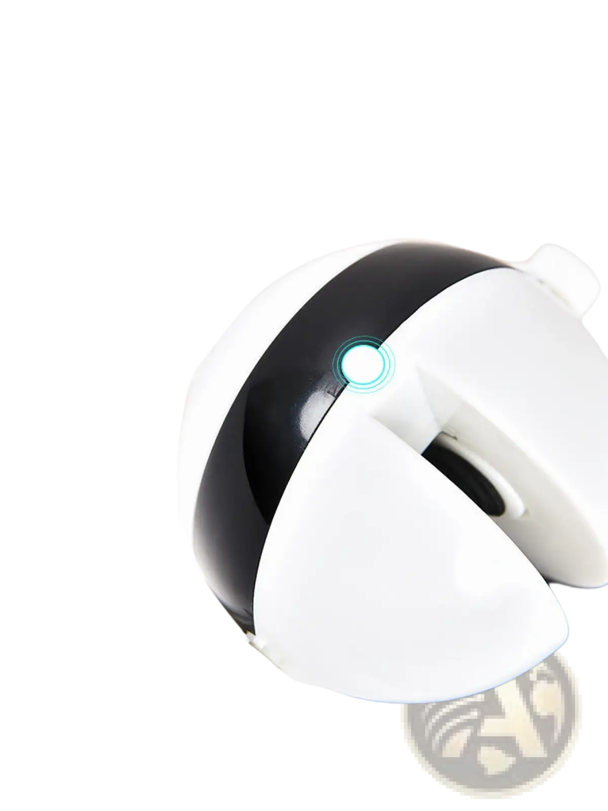 Interactive cat toy automatic lifting teaser ball in black and white with a glowing blue light on its forehead