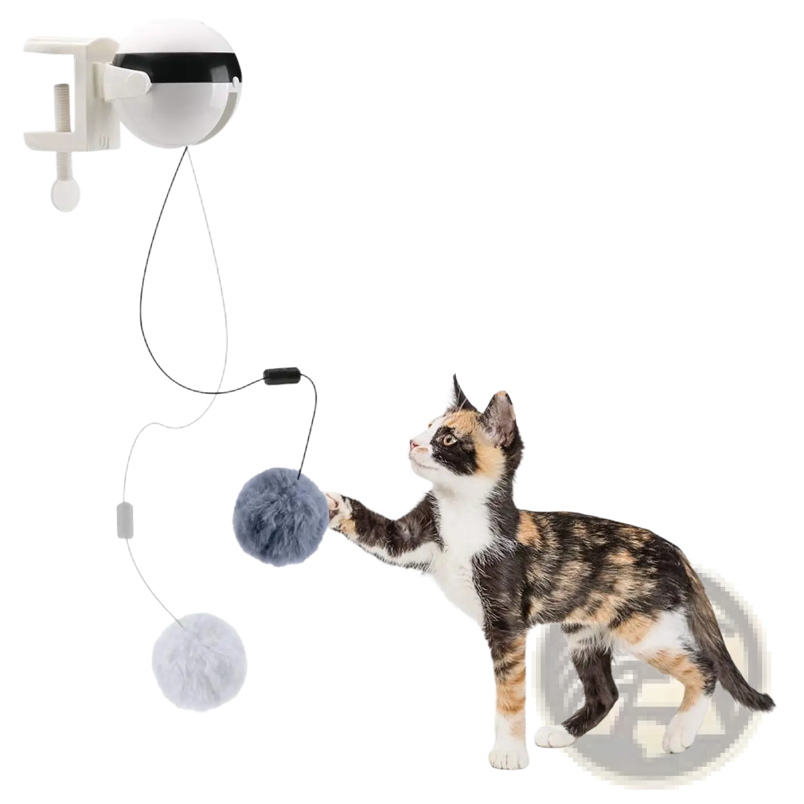 Interactive cat toy automatic lifting teaser ball white spherical with black visor and two fluffy pom-poms attached