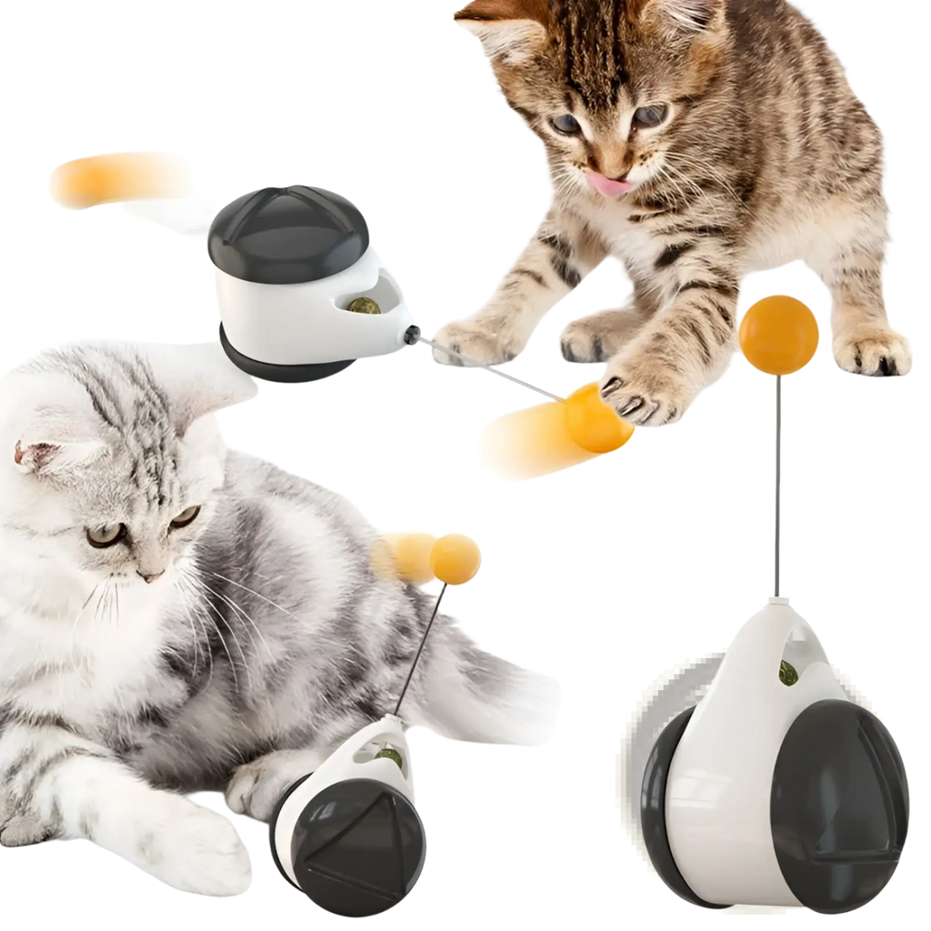 Interactive cat toy automatic lifting teaser featuring a white and black cat with orange balls on sticks