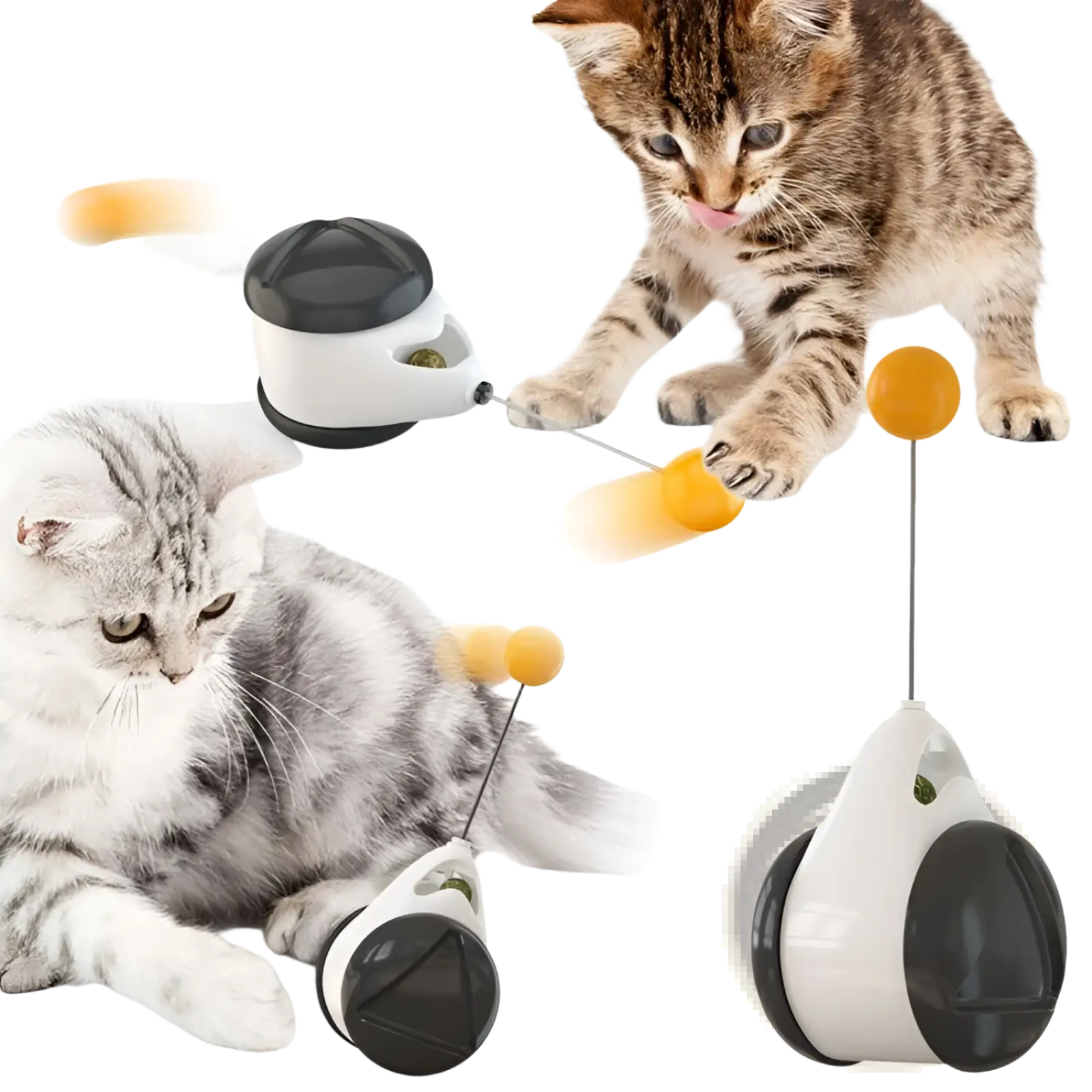 Interactive cat toy automatic lifting teaser featuring a white and black cat with orange balls on sticks