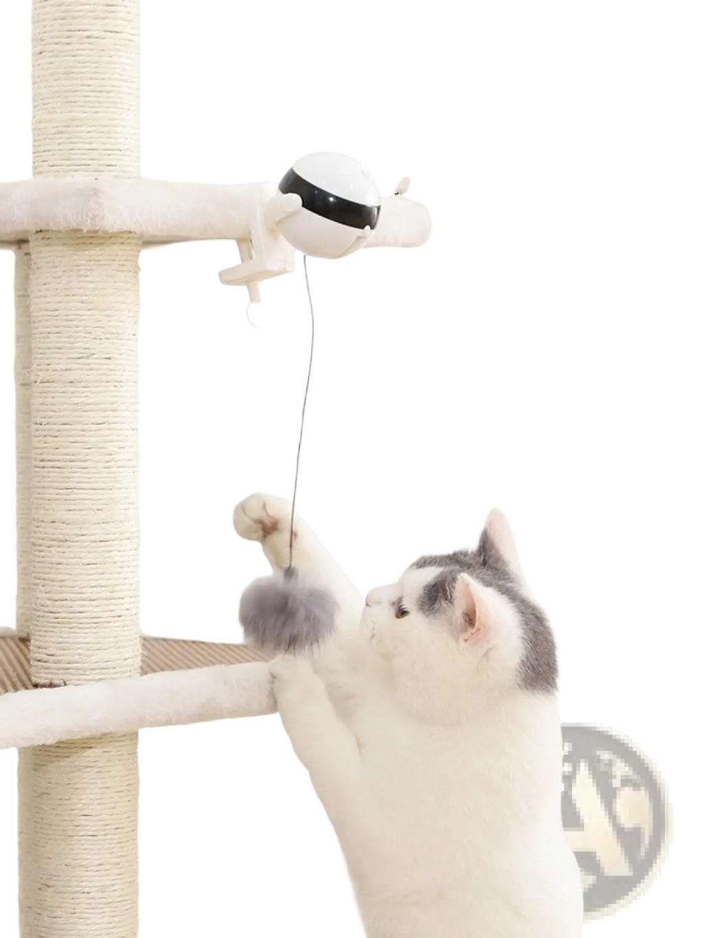 Interactive cat toy automatic lifting teaser ball with white and black robotic design and fuzzy gray pom-pom attachment