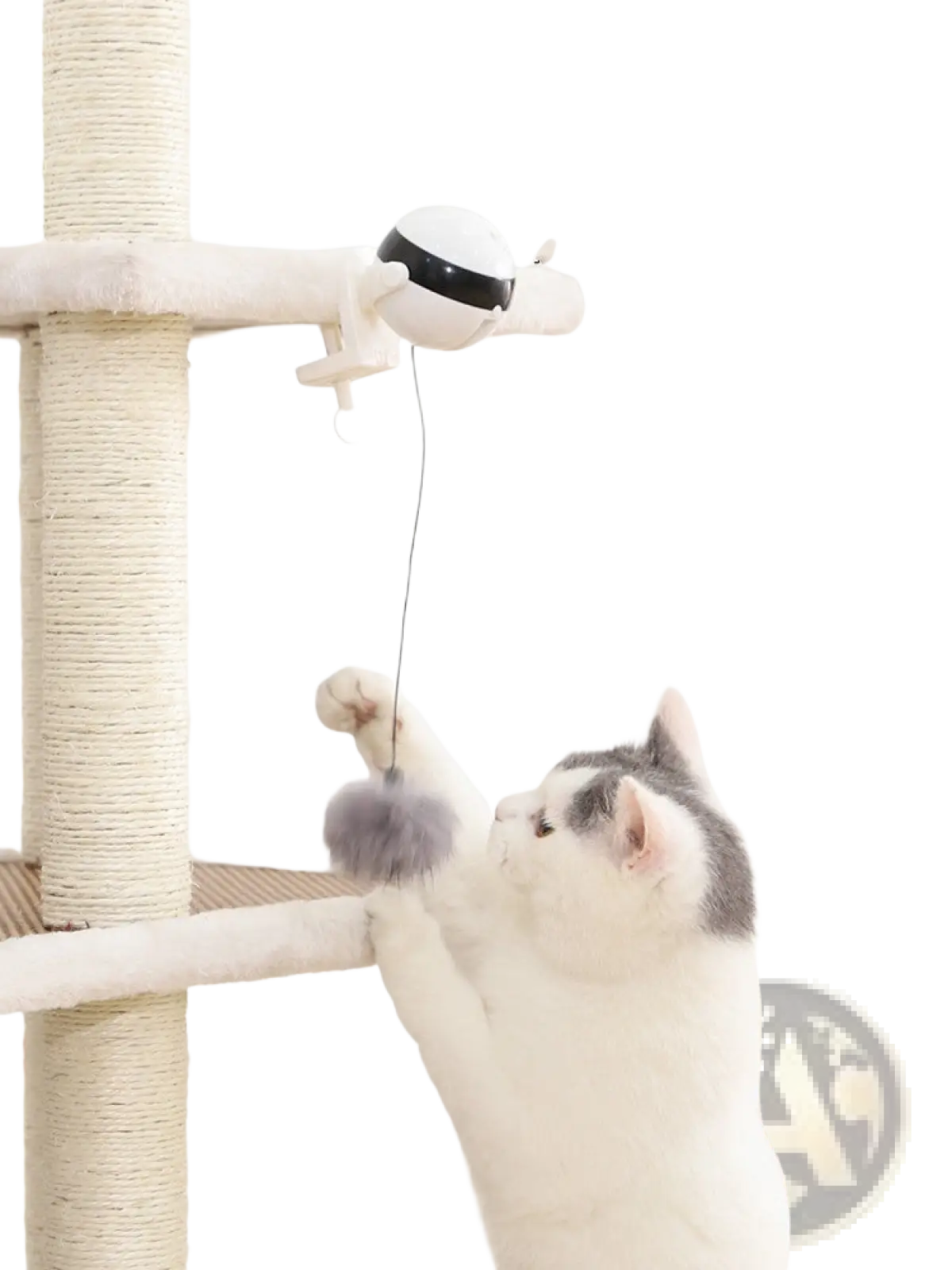 Interactive cat toy automatic lifting teaser ball with white and black robotic design and fuzzy gray pom-pom attachment
