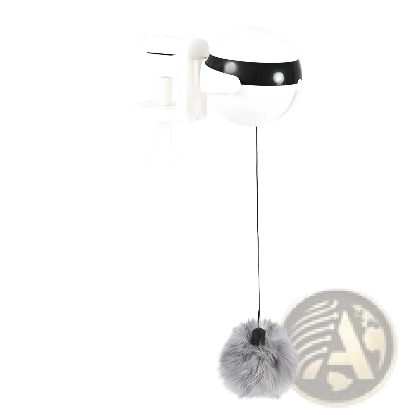 Interactive cat toy with white spherical automatic lifting teaser ball featuring black band and gray fuzzy pom-pom on clip