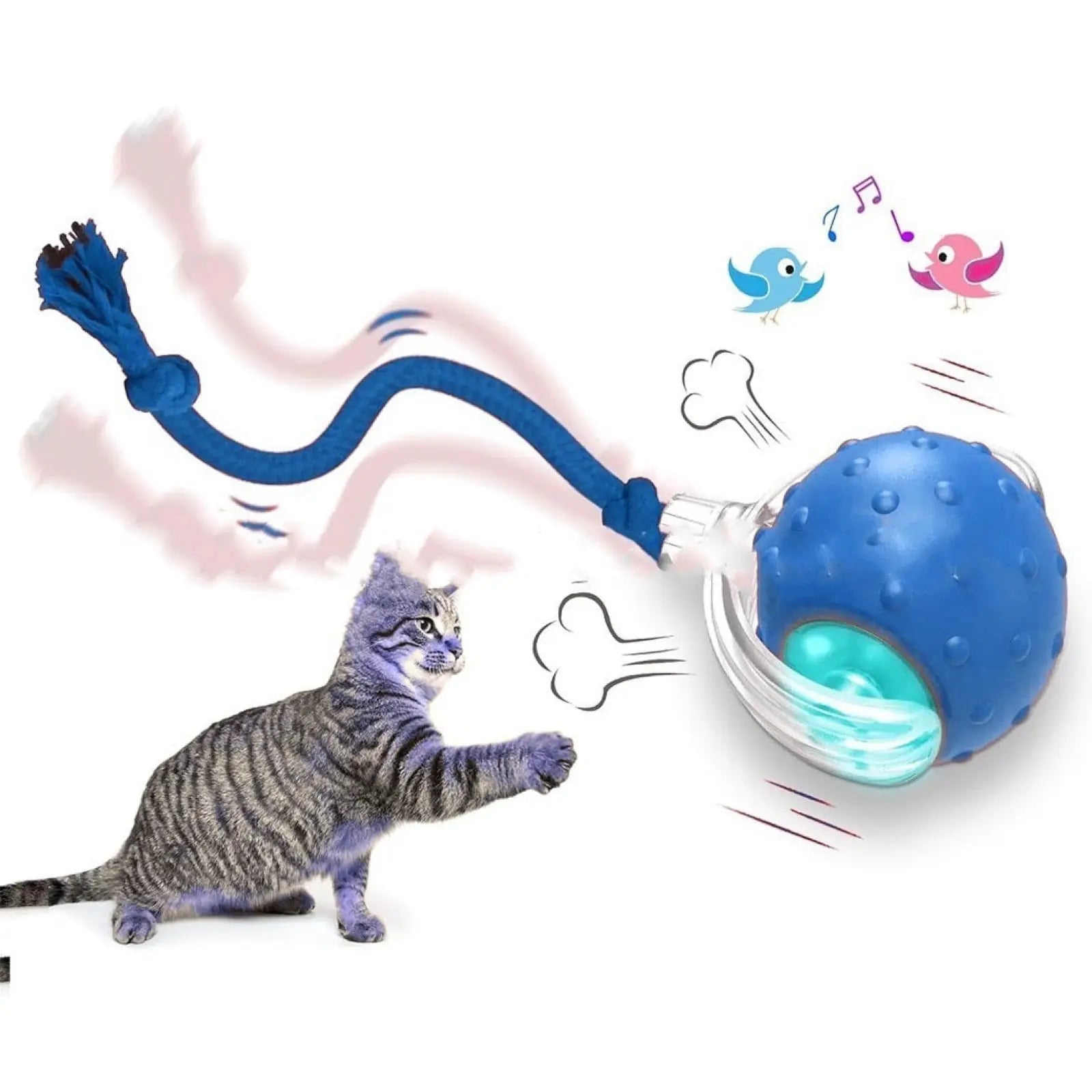 Blue textured interactive cat toy ball with glowing teal interior and attached rope for automatic moving roller play