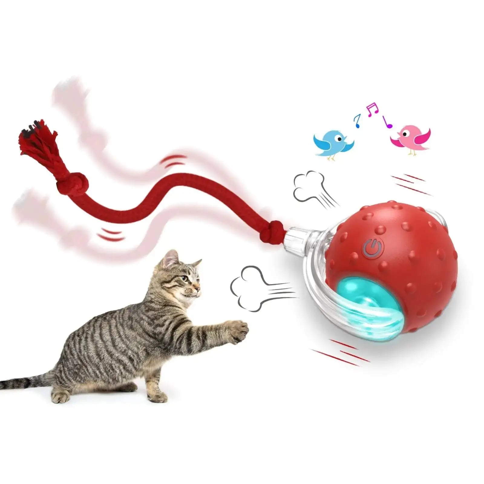 Interactive cat toy ball automatic moving roller with red textured surface, clear plastic base, turquoise light, and red rope
