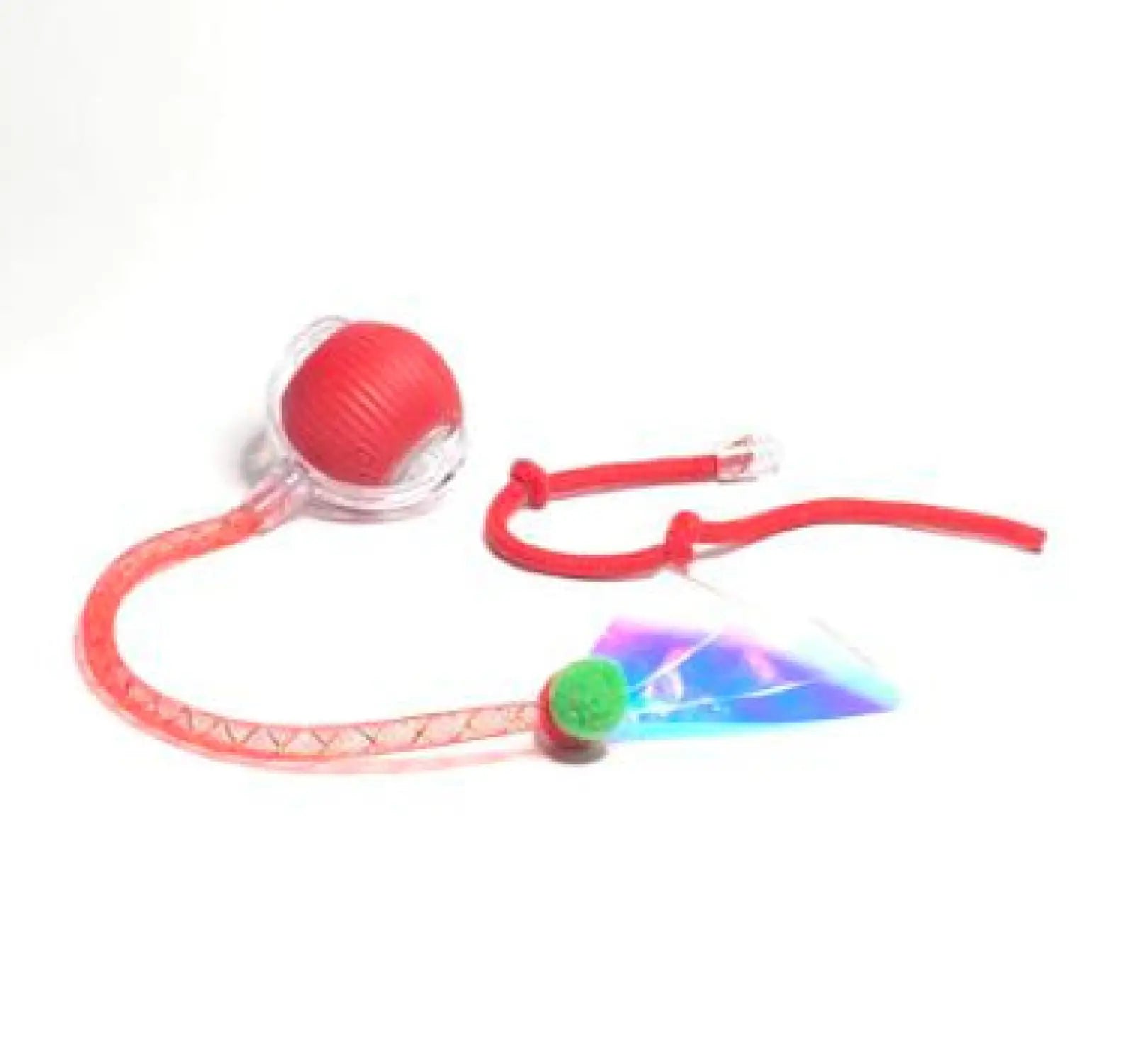 Interactive cat toy ball automatic moving roller toy in red and clear plastic with red ball green bead and rainbow feather