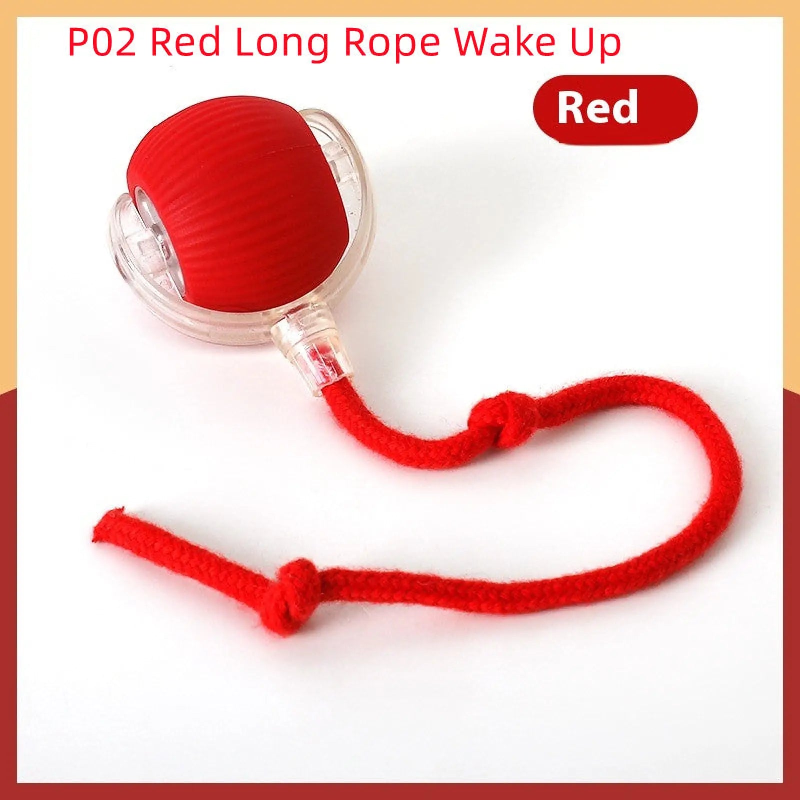 Interactive cat toy ball with red long rope, textured silicone ball, and transparent plastic housing for automatic movement